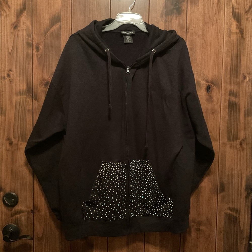 Get Lucky Black Hoodie with Rhinestone Details